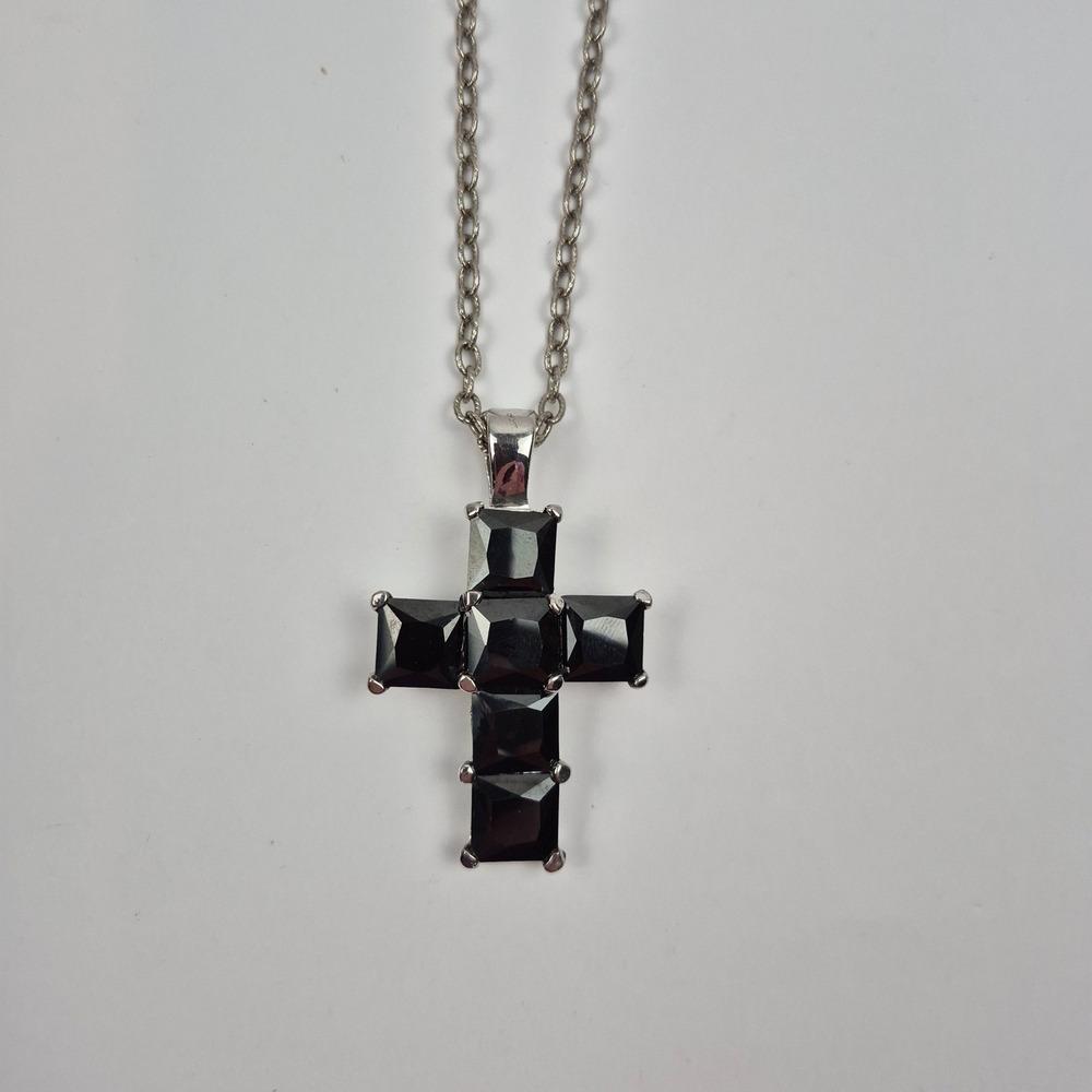 Black Gem Cross Pendant Necklace Silver Tone Religious Spiritual Jewelry 24"‎
